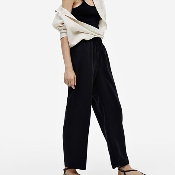 H&M Pull On Linen Pants Black Large Minimalist Classic Comfy - Picture 1 of 12